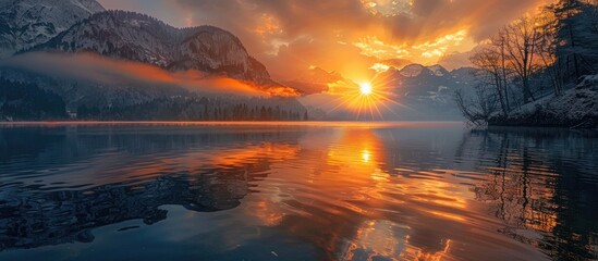 Sunrise On Bled Lake Sun Above The Mountain
