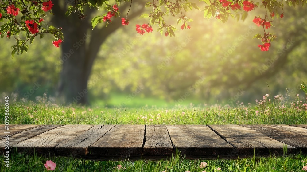 Poster charming spring meadow featuring a wooden table and ample space for text or images