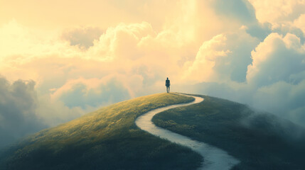  A solitary figure on a winding, arrow-shaped path climbs toward a serene sky, symbolizing ambition...