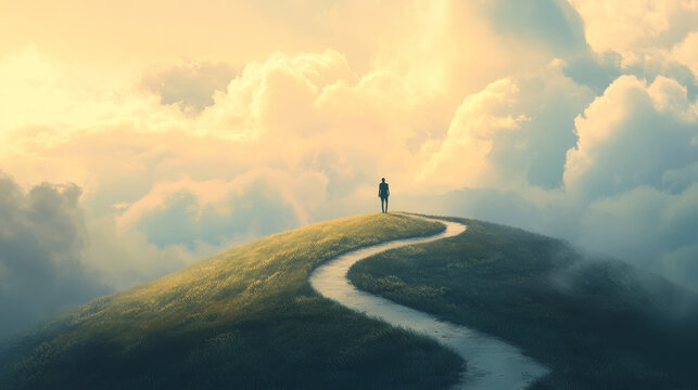  A solitary figure on a winding, arrow-shaped path climbs toward a serene sky, symbolizing ambition and growth. Career growth and personal development concept.