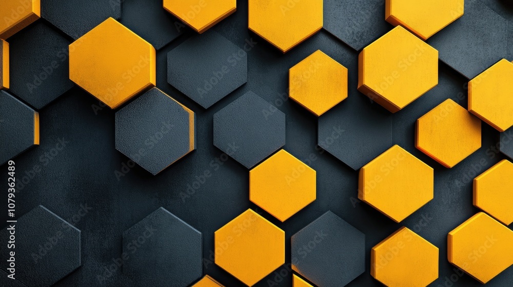 Poster trendy abstract geometric design featuring bright yellow hexagons on a neutral gray background provi