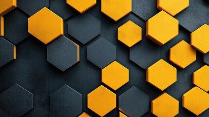 Trendy abstract geometric design featuring bright yellow hexagons on a neutral gray background providing ample copy space for text Flat lay perspective