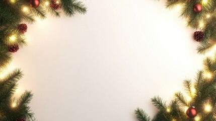 Elegant holiday border decorated with glowing garlands and fir branches against a clean backdrop