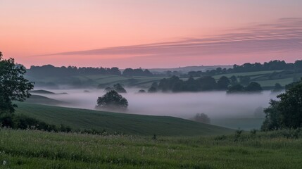 Fototapeta premium Serene Morning Landscape with Misty Hills and Gentle Sunlight Breaking Through the Fog
