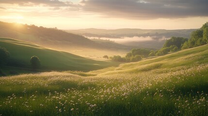 Obraz premium Scenic countryside at dawn with soft sunlight hitting rolling hills and wildflowers in a peaceful landscape.