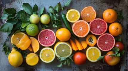 Variety of fresh fruits and vegetables featuring a colorful mix of citrus options
