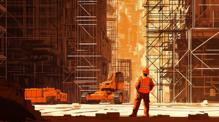 Fototapeta premium A construction worker surrounded by scaffolding and heavy machinery, symbolizing progress