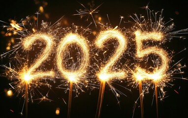 2025 Sparklers in the Dark: A sparkling "2025" written with sparklers in the night, with golden fireworks illuminating the background, adding excitement for the new year 