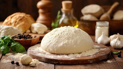 Fototapeta premium Fresh yeast and baking ingredients arranged on a wooden kitchen table ideal for making pizza or bread