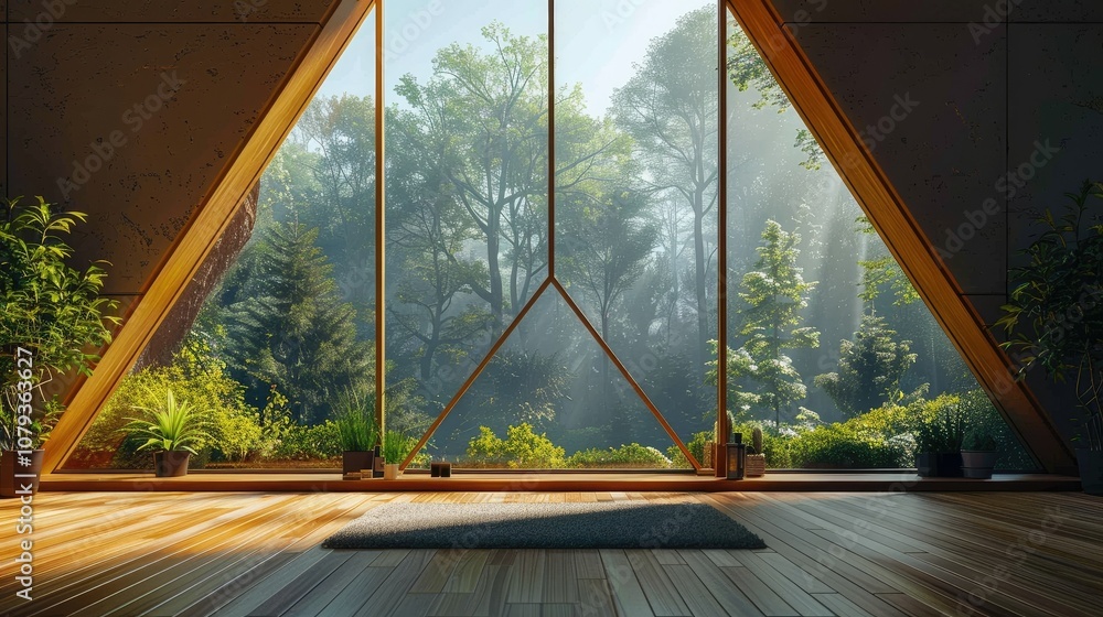 Poster modern triangular window with a view of a misty forest.