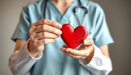 nurse sharing love red heart for health care giving medical help and donation together concept isolated with white highlights, png