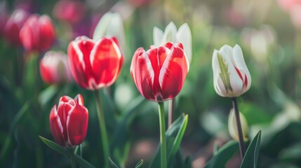 Red Tulip With White Edge Flowers With Green Leaves Blooming In A Meadow Park Flowerbed Outdoor Tulips Field Nature Spring Floral Background Flower Composition
