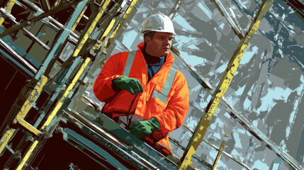 Fototapeta premium A construction worker surrounded by scaffolding and heavy machinery, symbolizing progress