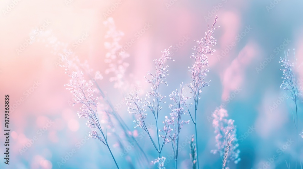 Poster soft translucent atmospheric background in pastel hues close up macro of blooming field grass in blu
