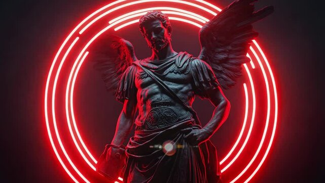 The camera zooms in on the plaster sculpture of the man surrounded with red light of glowing circle. Night at the museum concept. 