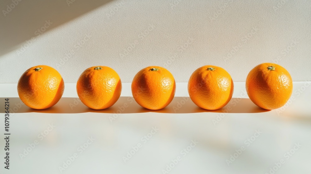 Poster five oranges arranged in a line on a clean white surface casting shadows captured in a studio settin