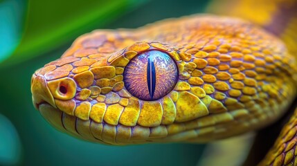 Fototapeta premium Close up of a snake s intricate slit pupil eye showcasing vivid textured scales amidst a rich green environment