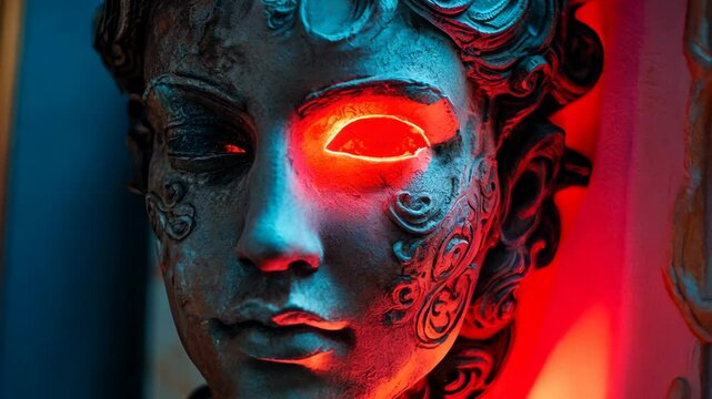 The camera zooms in on the plaster sculpture. The head with a burning eye is a museum exhibit. Night at the museum concept. 