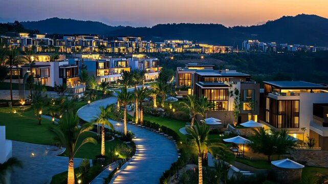 A winding pathway leads through a luxurious resort community at dusk