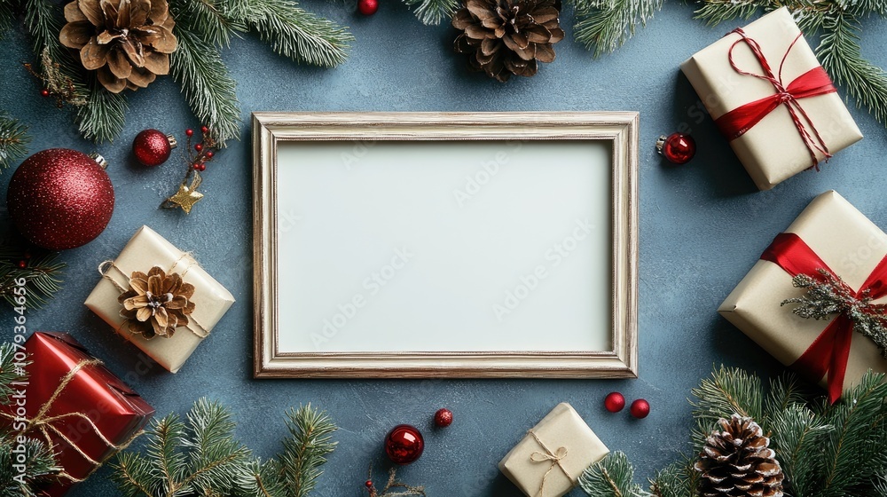 Poster flat lay arrangement featuring a frame holiday decorations and bokeh effect ideal for winter holiday