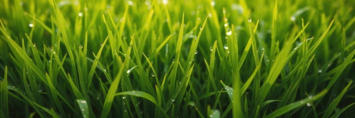 Obraz premium Vibrant green grass background with dew drops, flora, grass