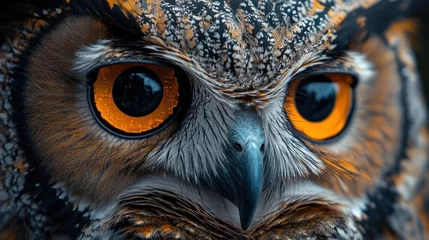 Fototapeten Close-up portrait of a wild owl with large, bright orange eyes, showcasing intricate feather patterns and a sharp beak. © mas