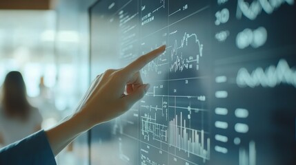 Close-up of a teacher's hand pointing to a math equation on a digital screen in a minimalistic setting