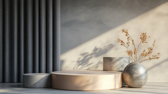 Geometric podium arrangement against a subtle gray backdrop