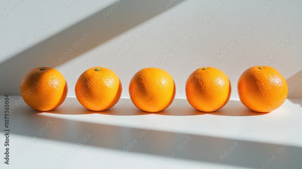 Poster five oranges arranged in a line on a clean white surface casting shadows captured in a studio settin