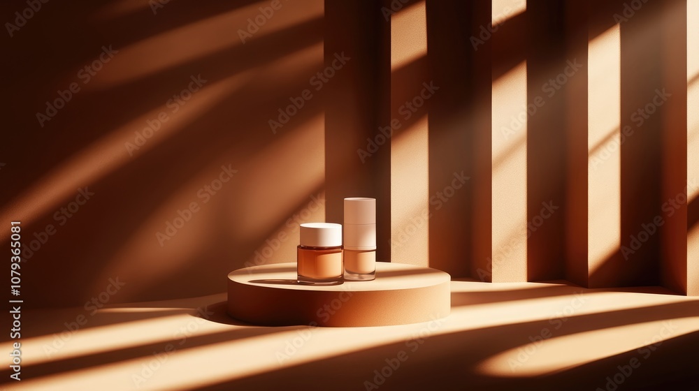 Poster cosmetic product showcase featuring shadows and light beams from windows dark brown backdrop with st