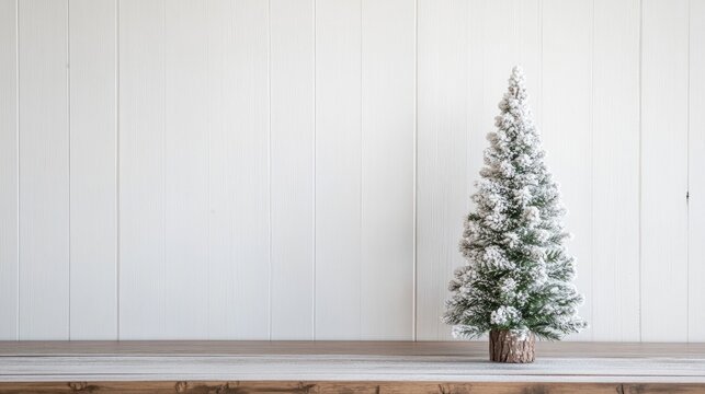 White Christmas tree placed on a wooden table featuring ample space for text or other content