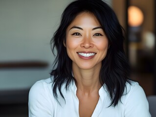 Fototapeta premium An Asian woman with black hair smiling while wearing a white shirt