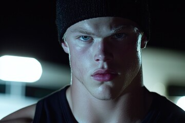 Determined young man in beanie with intense gaze in low light portrait - Powered by Adobe