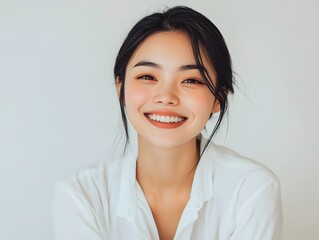 An Asian woman with black hair smiling while wearing a white shirt