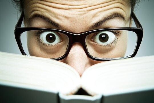 Surprised reader wearing glasses engrossed in a book close-up