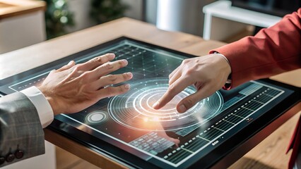 Close-up of a hand interacting with a digital assistant screen, showing information on a futuristic holographic display
