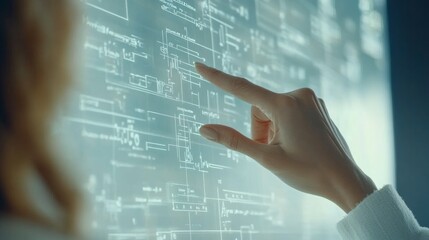 Close-up of a teacher's hand pointing at a math equation displayed on a digital screen