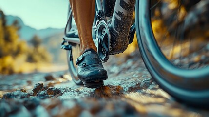 Close-up of cyclist’s leg pedaling.