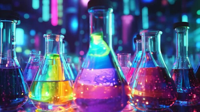 Zoom in multi-colored flasks in the laboratory on the table.
