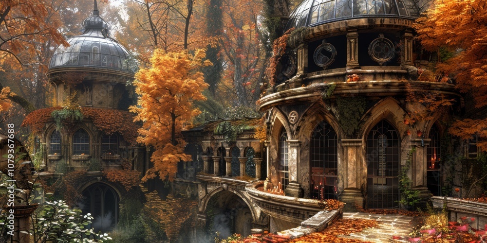 Poster a tranquil autumn setting showcasing ancient, overgrown architecture surrounded by vibrant fall foli