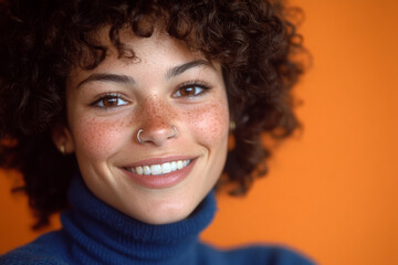 A young woman with curly hair and freckles smiles against an orange backdrop