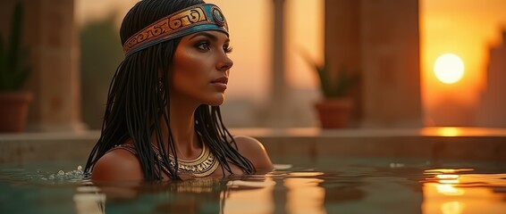 Cleopatra, the Powerful Queen of Egypt, Enjoying a Relaxing Royal Bath, Embracing Her Strength, Elegance, and Timeless Beauty.

