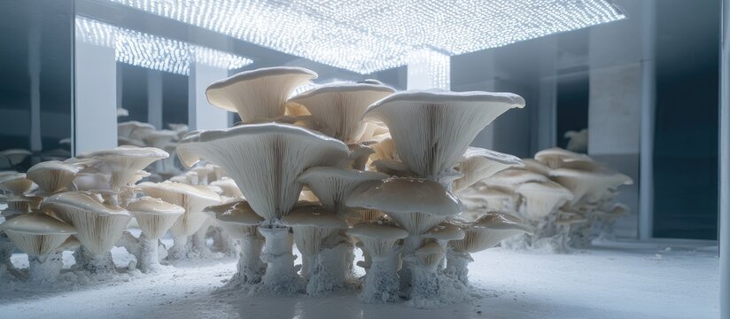 Grey oyster mushrooms growing in a climate controlled room with regulated lighting and temperature innovative household agriculture for sustainable food production