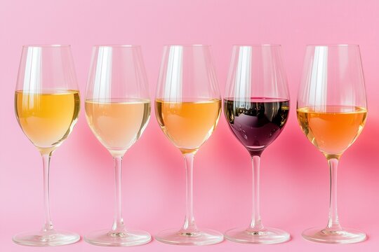 National Drink Wine Day different wine glasses with different wine in a row solid color background