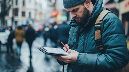 A determined reporter jotting notes in a notepad, capturing the essence of an intense moment