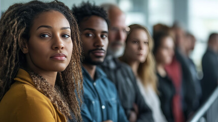 A diverse group of people lining up to vote, each with a determined look