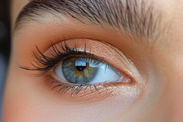 Obraz premium Close-up of a person's striking green eye with natural makeup in daylight