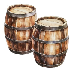 Obraz premium PNG Two wooden barrels illustrated in a rustic style