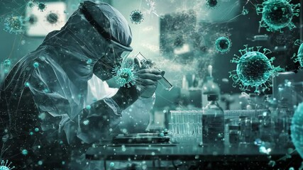 Scientist in a protective suit wearing glasses in the laboratory surrounded by virus attck. Development of a new vaccine. Man is looking at the microscope. Doctor doing test in the laboratory.