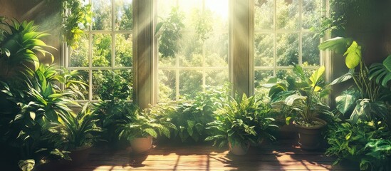 Indoor garden with lush green plants thriving in a sunlit window enhancing natural beauty and tranquility